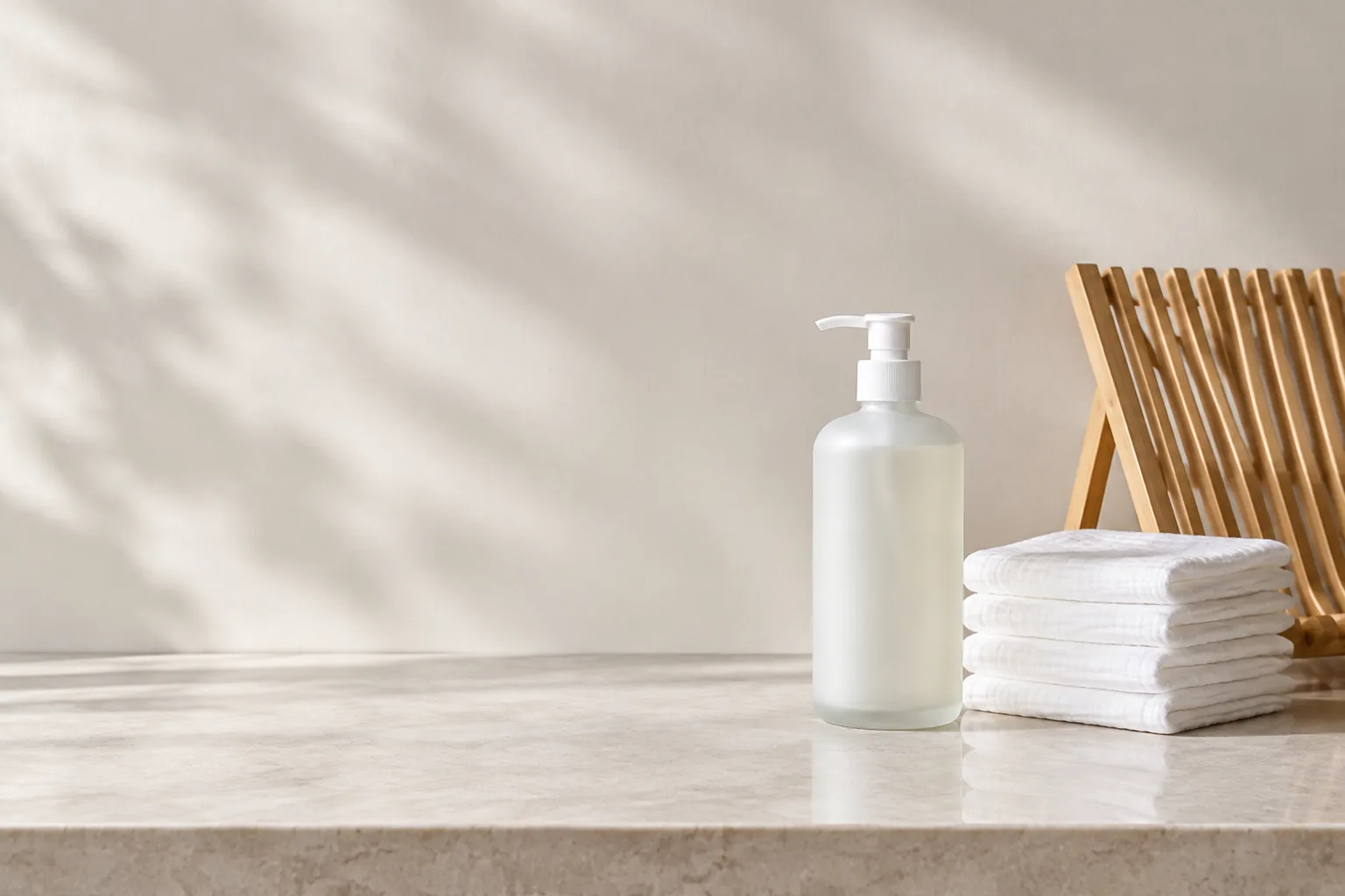 A still life on a pale stone counter: a frosted pump bottle with no label, a folded stack of white cotton cloths and a slotted wooden drying rack grouped to the